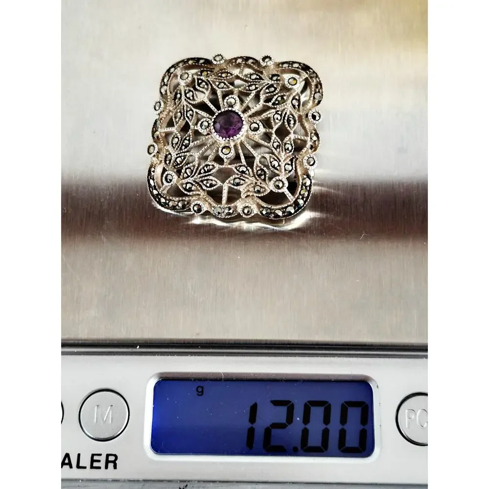 Vintage Judith Jack Sterling Silver Amethyst & Marcasite Brooch Pendant